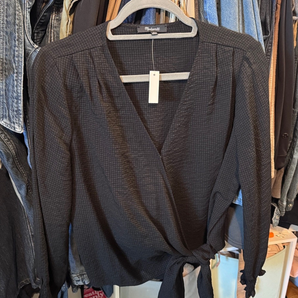 Madewell Gingham Black Wrap Top New!